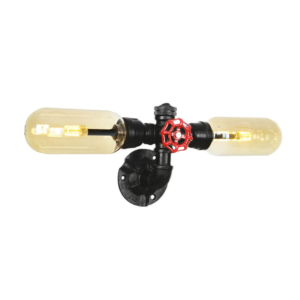 1/2 Bulb Wall Light Capsule Amber Glass Industrial Dining Room Sconce Lighting Fixture in Black with Pipe Design Clearhalo 'Art deco wall lights' 'Cast Iron' 'Glass' 'Industrial wall lights' 'Industrial' 'Middle century wall lights' 'Modern' 'Rustic wall lights' 'Tiffany' 'Traditional wall lights' 'Wall Lamps & Sconces' 'Wall Lights' Lighting' 208444