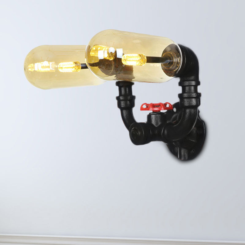 1/2 Bulb Wall Light Capsule Amber Glass Industrial Dining Room Sconce Lighting Fixture in Black with Pipe Design Clearhalo 'Art deco wall lights' 'Cast Iron' 'Glass' 'Industrial wall lights' 'Industrial' 'Middle century wall lights' 'Modern' 'Rustic wall lights' 'Tiffany' 'Traditional wall lights' 'Wall Lamps & Sconces' 'Wall Lights' Lighting' 208447