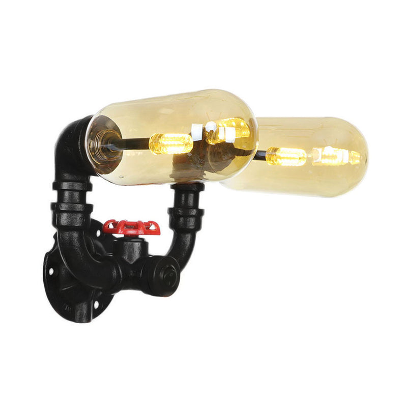 1/2 Bulb Wall Light Capsule Amber Glass Industrial Dining Room Sconce Lighting Fixture in Black with Pipe Design Clearhalo 'Art deco wall lights' 'Cast Iron' 'Glass' 'Industrial wall lights' 'Industrial' 'Middle century wall lights' 'Modern' 'Rustic wall lights' 'Tiffany' 'Traditional wall lights' 'Wall Lamps & Sconces' 'Wall Lights' Lighting' 208448