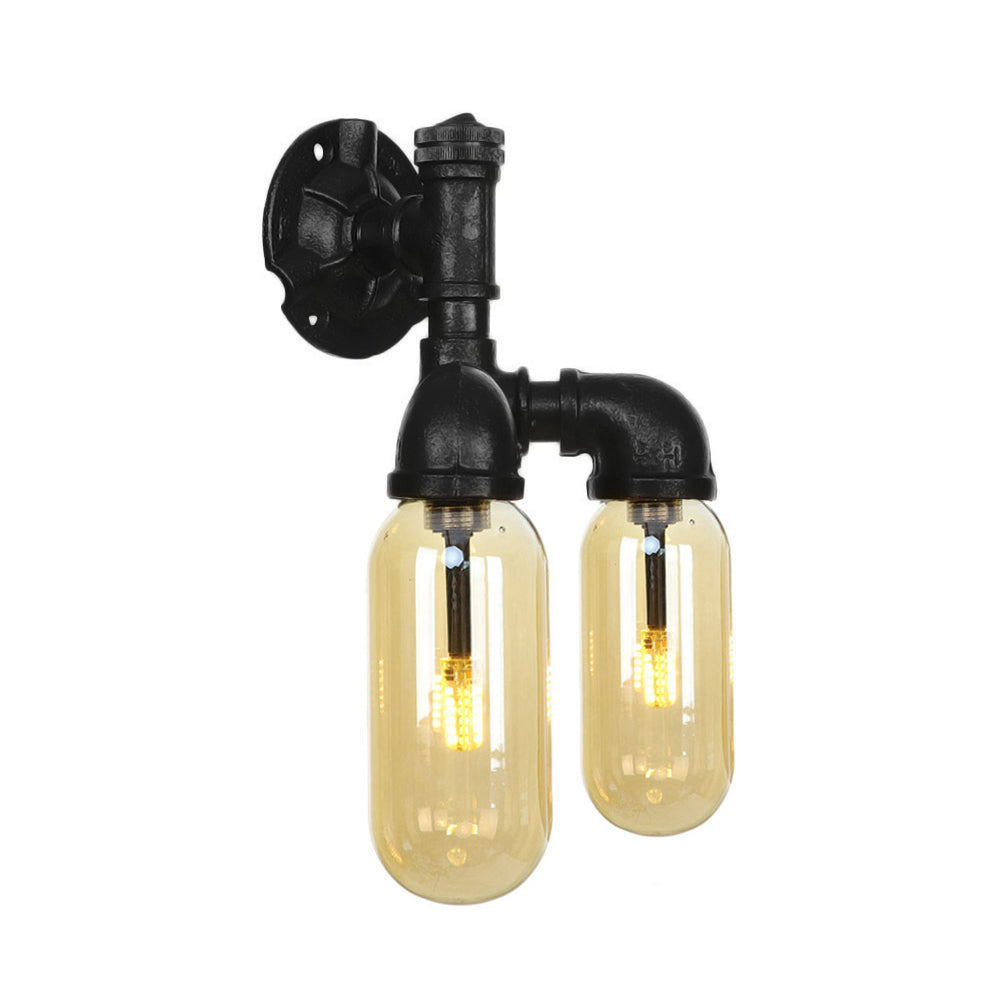 Amber Glass Black Sconce Light Capsule 2 Light Industrial Wall Mounted Pipe Light for Living Room Clearhalo 'Art deco wall lights' 'Cast Iron' 'Glass' 'Industrial wall lights' 'Industrial' 'Middle century wall lights' 'Modern' 'Rustic wall lights' 'Tiffany' 'Traditional wall lights' 'Wall Lamps & Sconces' 'Wall Lights' Lighting' 208497