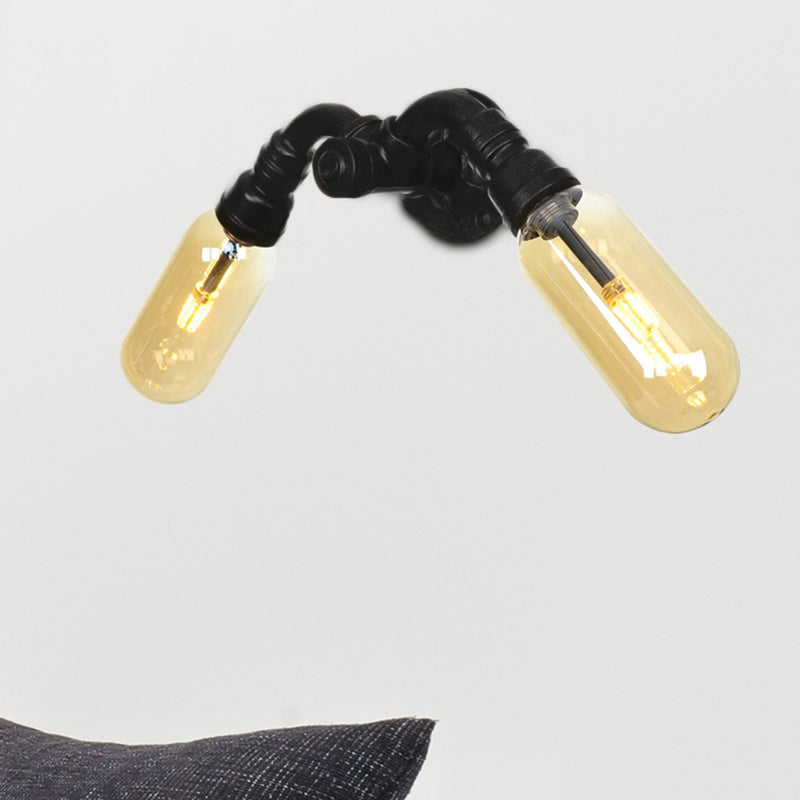 Amber Glass Black Sconce Light Capsule 2 Light Industrial Wall Mounted Pipe Light for Living Room Clearhalo 'Art deco wall lights' 'Cast Iron' 'Glass' 'Industrial wall lights' 'Industrial' 'Middle century wall lights' 'Modern' 'Rustic wall lights' 'Tiffany' 'Traditional wall lights' 'Wall Lamps & Sconces' 'Wall Lights' Lighting' 208500