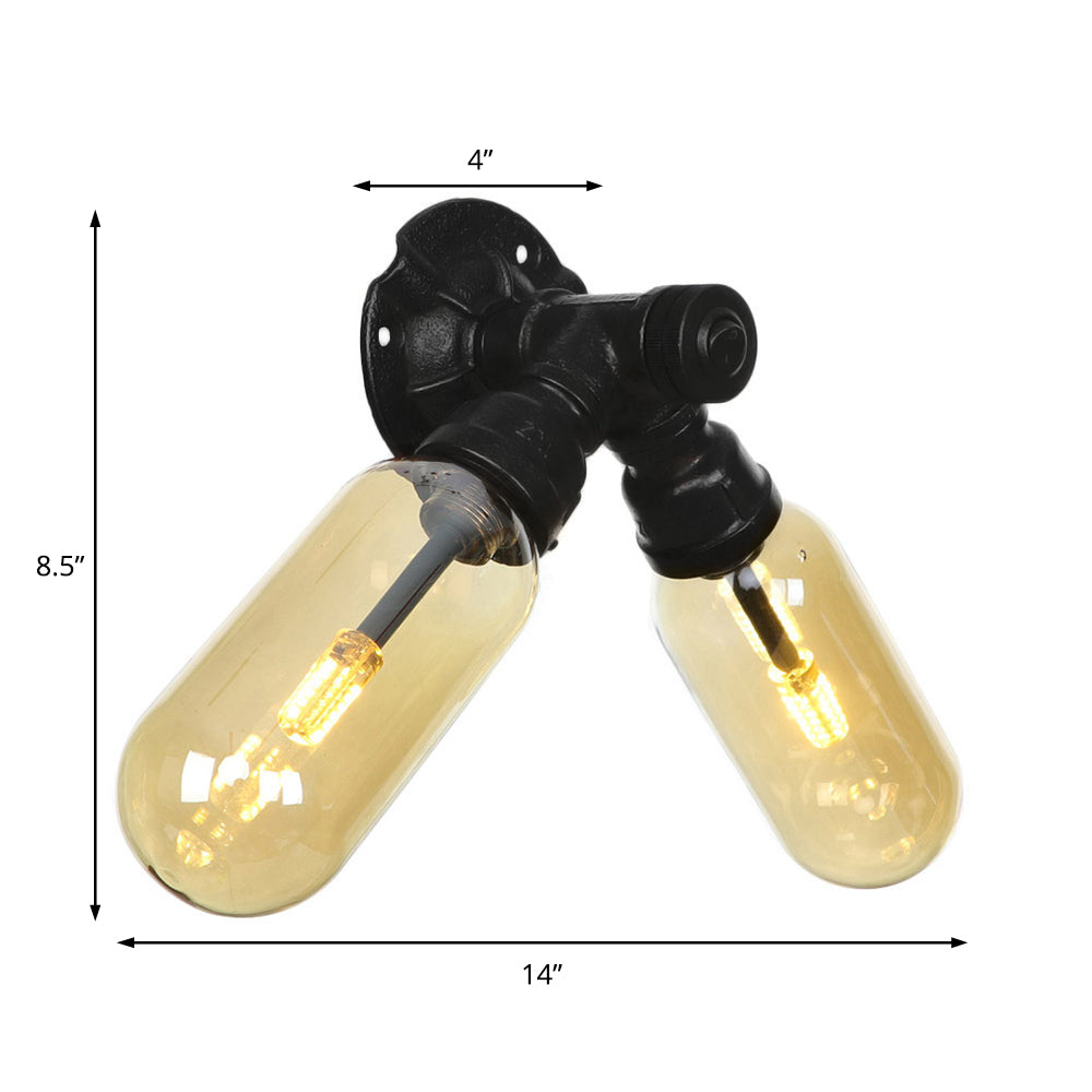 Amber Glass Black Sconce Light Capsule 2 Light Industrial Wall Mounted Pipe Light for Living Room Clearhalo 'Art deco wall lights' 'Cast Iron' 'Glass' 'Industrial wall lights' 'Industrial' 'Middle century wall lights' 'Modern' 'Rustic wall lights' 'Tiffany' 'Traditional wall lights' 'Wall Lamps & Sconces' 'Wall Lights' Lighting' 208505