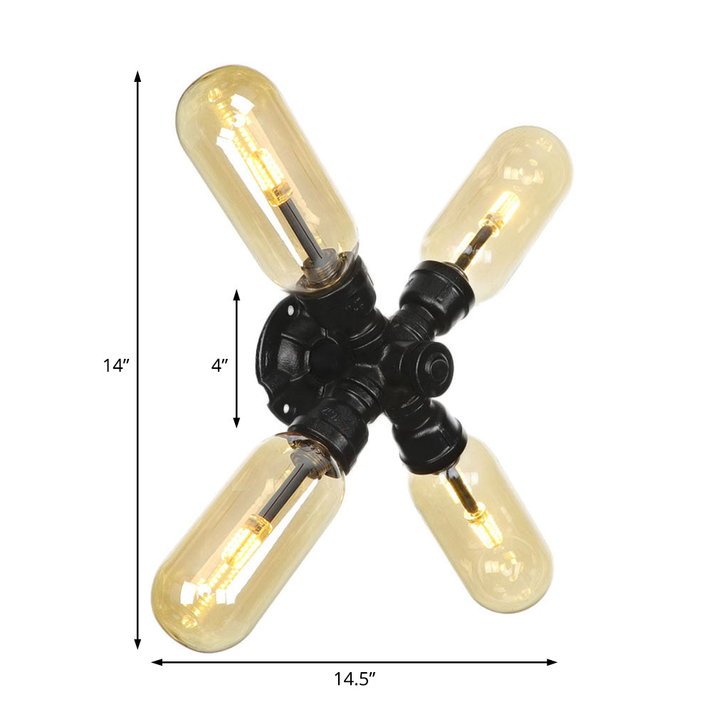 Capsule Living Room Wall Light Fixture Industrial Amber Glass 2/4 Light Black Sconce Lamp with Pipe Design Clearhalo 'Art deco wall lights' 'Cast Iron' 'Glass' 'Industrial wall lights' 'Industrial' 'Middle century wall lights' 'Modern' 'Rustic wall lights' 'Tiffany' 'Traditional wall lights' 'Wall Lamps & Sconces' 'Wall Lights' Lighting' 208552