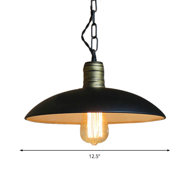 Metallic Black Ceiling Light Bowl Shade 10"/12.5" W 1 Bulb Retro Style Suspension Light with Hanging Chain in Black Clearhalo 'Art Deco Pendants' 'Black' 'Cast Iron' 'Ceiling Lights' 'Ceramic' 'Crystal' 'Industrial Pendants' 'Industrial' 'Metal' 'Middle Century Pendants' 'Pendant Lights' 'Pendants' 'Rustic Pendants' 'Tiffany' Lighting' 20871