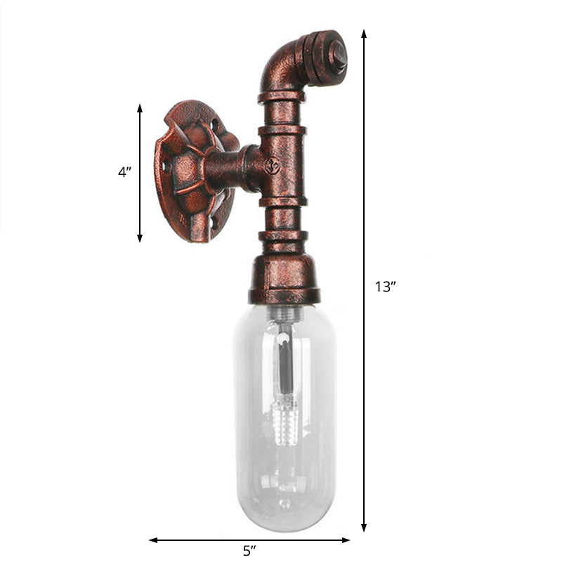 1 Bulb Clear Glass Wall Lighting Industrial Weathered Copper Oval Bedroom Sconce Light Fixture with Pipe Design Clearhalo 'Art deco wall lights' 'Cast Iron' 'Glass' 'Industrial wall lights' 'Industrial' 'Middle century wall lights' 'Modern' 'Rustic wall lights' 'Tiffany' 'Traditional wall lights' 'Wall Lamps & Sconces' 'Wall Lights' Lighting' 208764