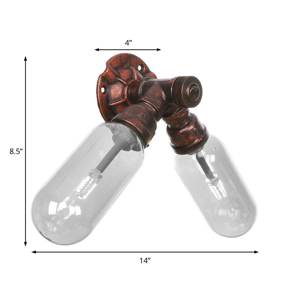 Weathered Copper 2-Light Sconce Light Industrial Clear Glass Oval Wall Lighting Fixture with Pipe Design Clearhalo 'Art deco wall lights' 'Cast Iron' 'Glass' 'Industrial wall lights' 'Industrial' 'Middle century wall lights' 'Modern' 'Rustic wall lights' 'Tiffany' 'Traditional wall lights' 'Wall Lamps & Sconces' 'Wall Lights' Lighting' 208853