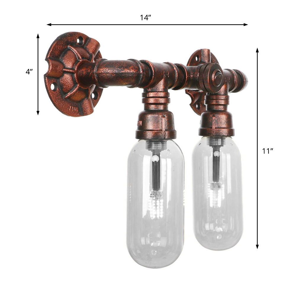 Clear Glass Capsule Sconce Lighting Industrial 2/4 Lights Bedroom Wall Mounted Pipe Light in Weathered Copper Clearhalo 'Art deco wall lights' 'Cast Iron' 'Glass' 'Industrial wall lights' 'Industrial' 'Middle century wall lights' 'Modern' 'Rustic wall lights' 'Tiffany' 'Traditional wall lights' 'Wall Lamps & Sconces' 'Wall Lights' Lighting' 208882
