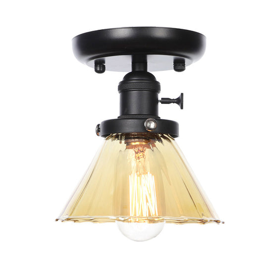 1 Bulb Semi Flush Mount Clear/Amber Glass Industrial Cone/Rhombus/Bell Ceiling Light for Kitchen Clearhalo 'Ceiling Lights' 'Close To Ceiling Lights' 'Close to ceiling' 'Glass shade' 'Glass' 'Semi-flushmount' Lighting' 208905