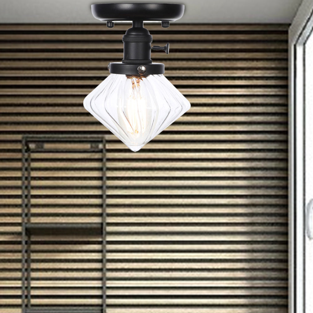 1 Bulb Semi Flush Mount Clear/Amber Glass Industrial Cone/Rhombus/Bell Ceiling Light for Kitchen Clear Rhombus Clearhalo 'Ceiling Lights' 'Close To Ceiling Lights' 'Close to ceiling' 'Glass shade' 'Glass' 'Semi-flushmount' Lighting' 208921