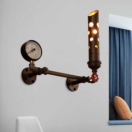 Wrought Iron Tubed Sconce Lighting with Valve and Gauge Vintage 1 Light Living Room Wall Sconce Lamp in Aged Brass/Black Black Clearhalo 'Art deco wall lights' 'Cast Iron' 'Glass' 'Industrial wall lights' 'Industrial' 'Middle century wall lights' 'Modern' 'Rustic wall lights' 'Tiffany' 'Traditional wall lights' 'Wall Lamps & Sconces' 'Wall Lights' Lighting' 208947
