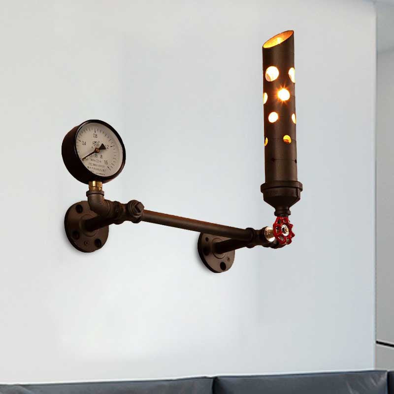 Wrought Iron Tubed Sconce Lighting with Valve and Gauge Vintage 1 Light Living Room Wall Sconce Lamp in Aged Brass/Black Clearhalo 'Art deco wall lights' 'Cast Iron' 'Glass' 'Industrial wall lights' 'Industrial' 'Middle century wall lights' 'Modern' 'Rustic wall lights' 'Tiffany' 'Traditional wall lights' 'Wall Lamps & Sconces' 'Wall Lights' Lighting' 208948
