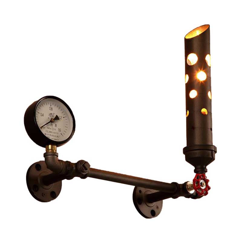 Wrought Iron Tubed Sconce Lighting with Valve and Gauge Vintage 1 Light Living Room Wall Sconce Lamp in Aged Brass/Black Clearhalo 'Art deco wall lights' 'Cast Iron' 'Glass' 'Industrial wall lights' 'Industrial' 'Middle century wall lights' 'Modern' 'Rustic wall lights' 'Tiffany' 'Traditional wall lights' 'Wall Lamps & Sconces' 'Wall Lights' Lighting' 208949