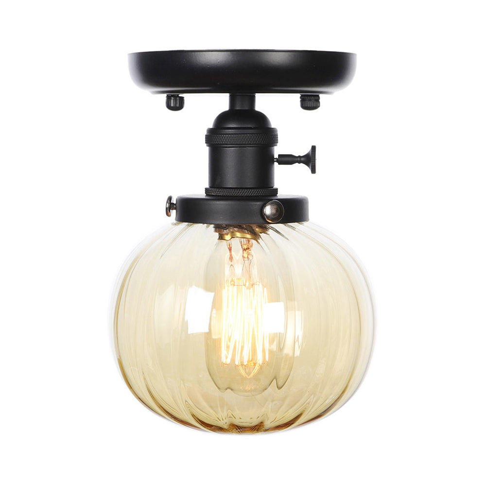Black 1 Light Ceiling Mount Clear/Amber Glass Industrial Round/Globe Semi Flush Light for Kitchen Clearhalo 'Ceiling Lights' 'Close To Ceiling Lights' 'Close to ceiling' 'Glass shade' 'Glass' 'Semi-flushmount' Lighting' 208952