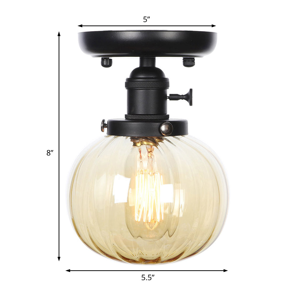 Black 1 Light Ceiling Mount Clear/Amber Glass Industrial Round/Globe Semi Flush Light for Kitchen Clearhalo 'Ceiling Lights' 'Close To Ceiling Lights' 'Close to ceiling' 'Glass shade' 'Glass' 'Semi-flushmount' Lighting' 208953