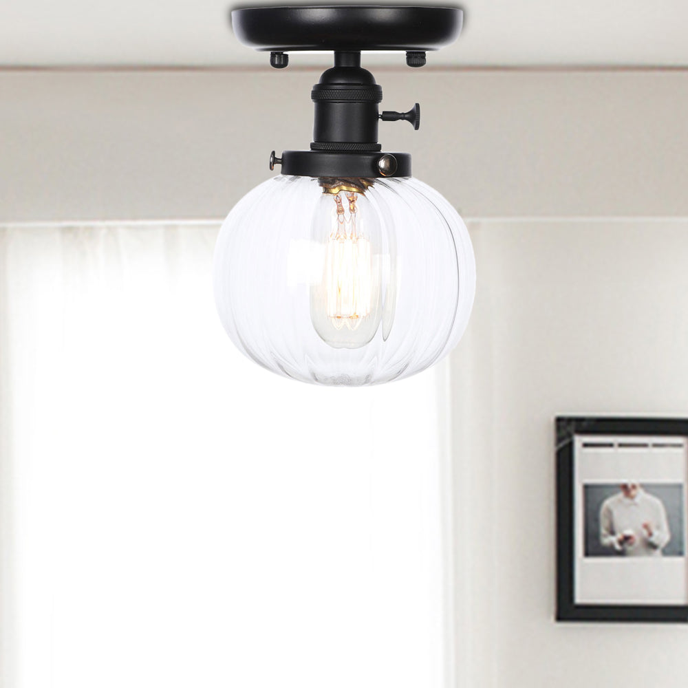 Black 1 Light Ceiling Mount Clear/Amber Glass Industrial Round/Globe Semi Flush Light for Kitchen Clear Round Clearhalo 'Ceiling Lights' 'Close To Ceiling Lights' 'Close to ceiling' 'Glass shade' 'Glass' 'Semi-flushmount' Lighting' 208954