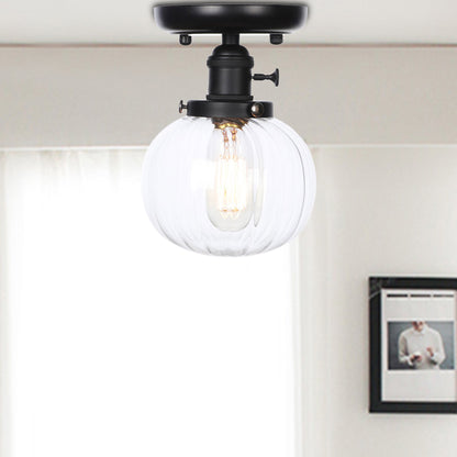 Black 1 Light Ceiling Mount Clear/Amber Glass Industrial Round/Globe Semi Flush Light for Kitchen Clear Round Clearhalo 'Ceiling Lights' 'Close To Ceiling Lights' 'Close to ceiling' 'Glass shade' 'Glass' 'Semi-flushmount' Lighting' 208954