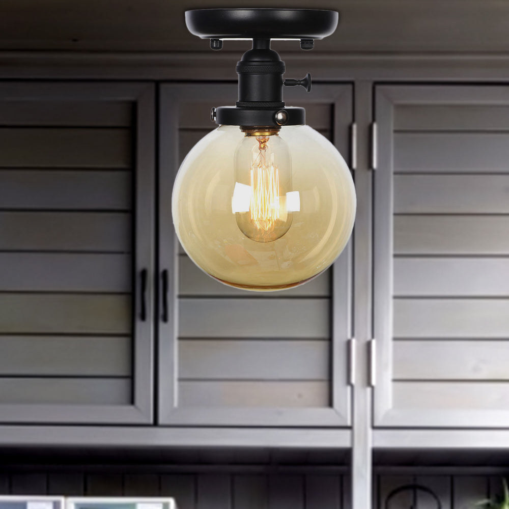 Black 1 Light Ceiling Mount Clear/Amber Glass Industrial Round/Globe Semi Flush Light for Kitchen Amber Globe Clearhalo 'Ceiling Lights' 'Close To Ceiling Lights' 'Close to ceiling' 'Glass shade' 'Glass' 'Semi-flushmount' Lighting' 208957