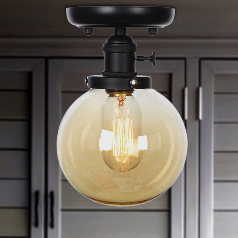 Black 1 Light Ceiling Mount Clear/Amber Glass Industrial Round/Globe Semi Flush Light for Kitchen Clearhalo 'Ceiling Lights' 'Close To Ceiling Lights' 'Close to ceiling' 'Glass shade' 'Glass' 'Semi-flushmount' Lighting' 208958