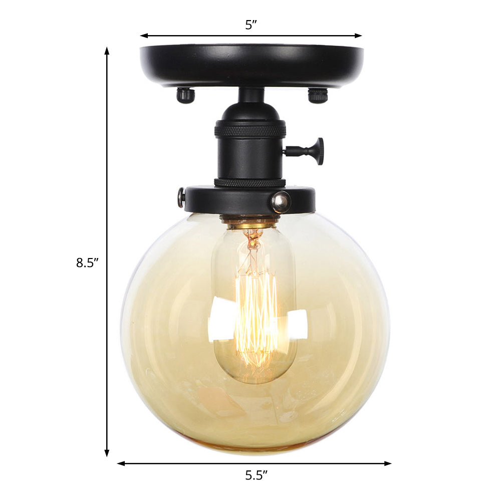 Black 1 Light Ceiling Mount Clear/Amber Glass Industrial Round/Globe Semi Flush Light for Kitchen Clearhalo 'Ceiling Lights' 'Close To Ceiling Lights' 'Close to ceiling' 'Glass shade' 'Glass' 'Semi-flushmount' Lighting' 208960
