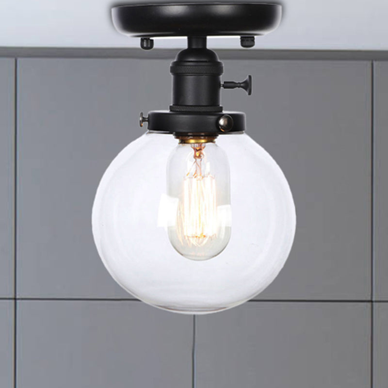 Black 1 Light Ceiling Mount Clear/Amber Glass Industrial Round/Globe Semi Flush Light for Kitchen Clear Globe Clearhalo 'Ceiling Lights' 'Close To Ceiling Lights' 'Close to ceiling' 'Glass shade' 'Glass' 'Semi-flushmount' Lighting' 208961