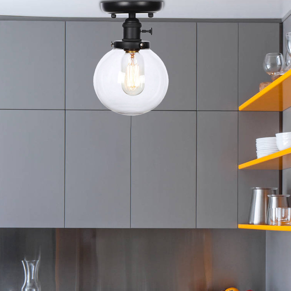 Black 1 Light Ceiling Mount Clear/Amber Glass Industrial Round/Globe Semi Flush Light for Kitchen Clearhalo 'Ceiling Lights' 'Close To Ceiling Lights' 'Close to ceiling' 'Glass shade' 'Glass' 'Semi-flushmount' Lighting' 208962