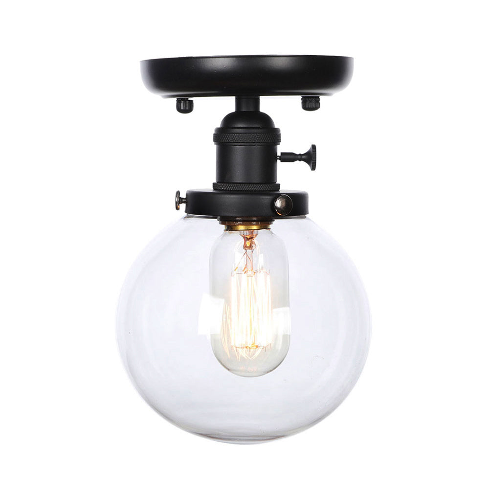 Black 1 Light Ceiling Mount Clear/Amber Glass Industrial Round/Globe Semi Flush Light for Kitchen Clearhalo 'Ceiling Lights' 'Close To Ceiling Lights' 'Close to ceiling' 'Glass shade' 'Glass' 'Semi-flushmount' Lighting' 208963