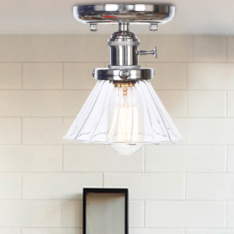 1 Bulb Semi Flush Mount Cone/Bell/Rhombus Industrial Clear/Amber Glass Ceiling Light in Chrome Clear Bell Clearhalo 'Ceiling Lights' 'Close To Ceiling Lights' 'Close to ceiling' 'Glass shade' 'Glass' 'Semi-flushmount' Lighting' 208979