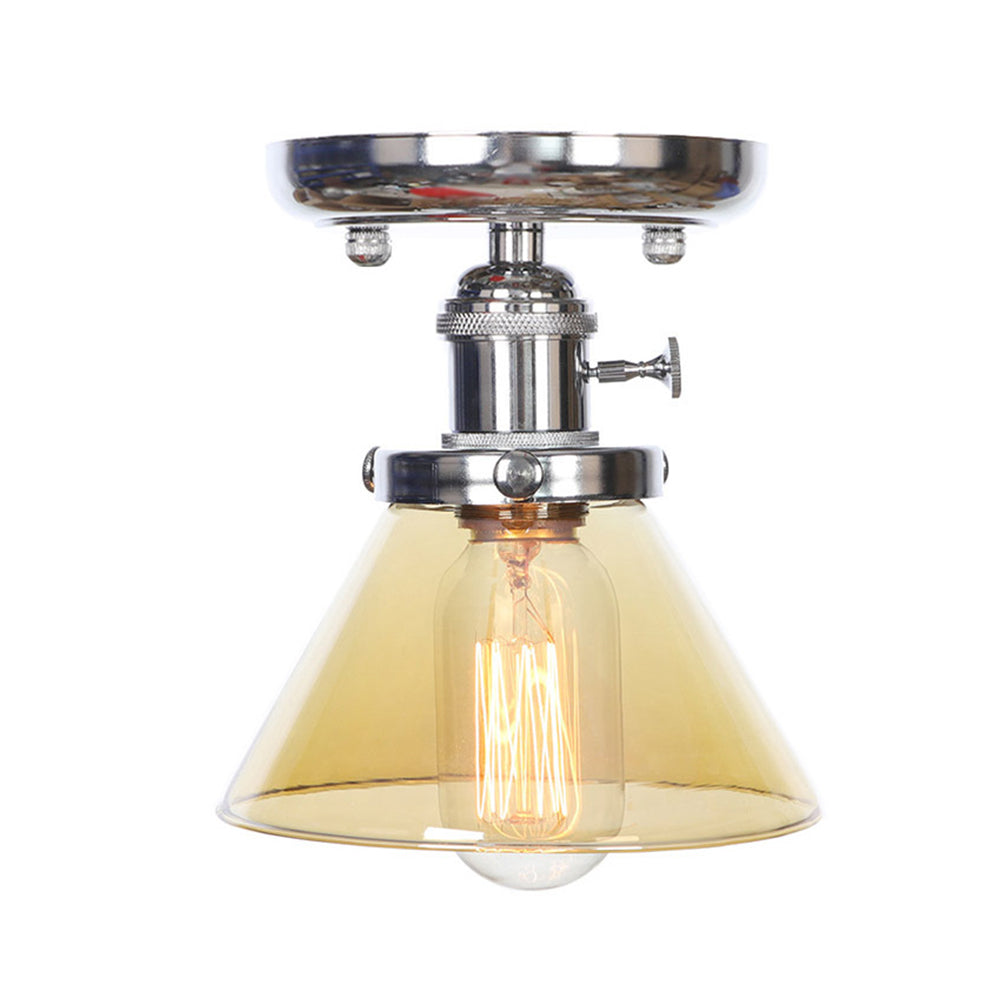 1 Bulb Semi Flush Mount Cone/Bell/Rhombus Industrial Clear/Amber Glass Ceiling Light in Chrome Clearhalo 'Ceiling Lights' 'Close To Ceiling Lights' 'Close to ceiling' 'Glass shade' 'Glass' 'Semi-flushmount' Lighting' 208982