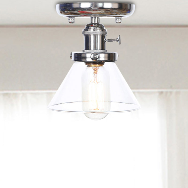 1 Bulb Semi Flush Mount Cone/Bell/Rhombus Industrial Clear/Amber Glass Ceiling Light in Chrome Clear Cone Clearhalo 'Ceiling Lights' 'Close To Ceiling Lights' 'Close to ceiling' 'Glass shade' 'Glass' 'Semi-flushmount' Lighting' 208984
