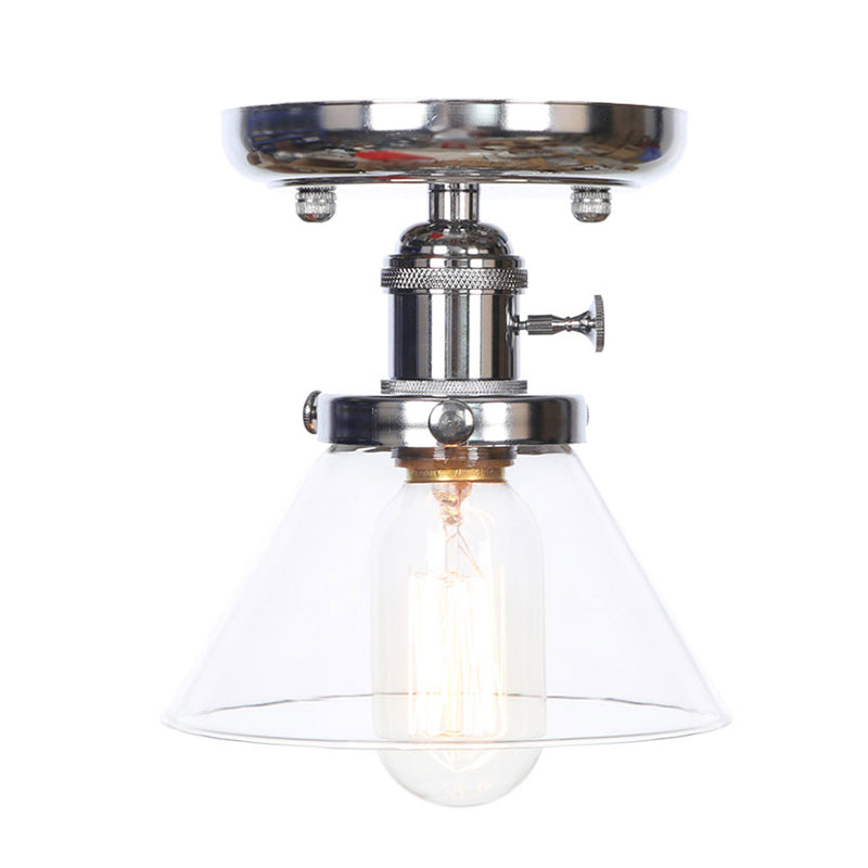 1 Bulb Semi Flush Mount Cone/Bell/Rhombus Industrial Clear/Amber Glass Ceiling Light in Chrome Clearhalo 'Ceiling Lights' 'Close To Ceiling Lights' 'Close to ceiling' 'Glass shade' 'Glass' 'Semi-flushmount' Lighting' 208985