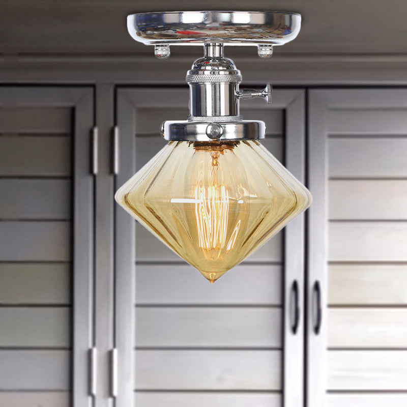 1 Bulb Semi Flush Mount Cone/Bell/Rhombus Industrial Clear/Amber Glass Ceiling Light in Chrome Amber Rhombus Clearhalo 'Ceiling Lights' 'Close To Ceiling Lights' 'Close to ceiling' 'Glass shade' 'Glass' 'Semi-flushmount' Lighting' 208986