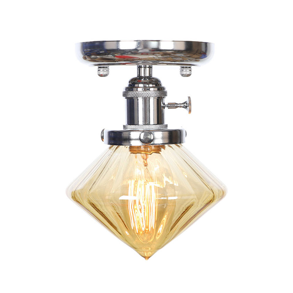 1 Bulb Semi Flush Mount Cone/Bell/Rhombus Industrial Clear/Amber Glass Ceiling Light in Chrome Clearhalo 'Ceiling Lights' 'Close To Ceiling Lights' 'Close to ceiling' 'Glass shade' 'Glass' 'Semi-flushmount' Lighting' 208987