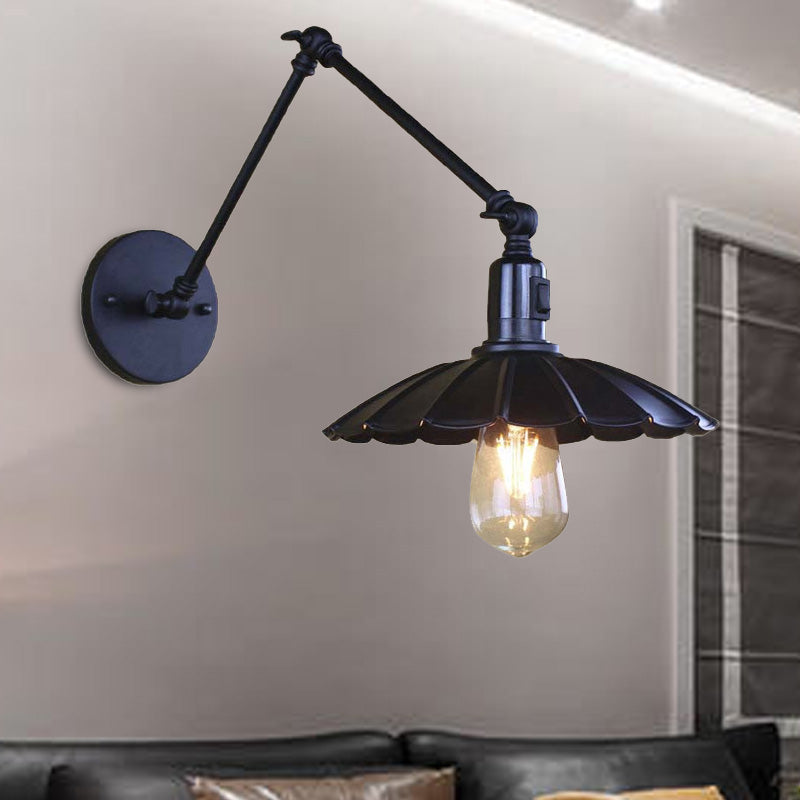 Black/White Scalloped Wall Light with Swing Arm Vintage Stylish Metal 1 Bulb Living Room Wall Sconce Lighting Black 8"+8" Clearhalo 'Art deco wall lights' 'Cast Iron' 'Glass' 'Industrial wall lights' 'Industrial' 'Middle century wall lights' 'Modern' 'Rustic wall lights' 'Tiffany' 'Traditional wall lights' 'Wall Lamps & Sconces' 'Wall Lights' Lighting' 208991