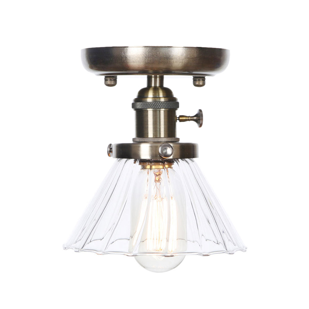 1 Light Ceiling Lighting Industrial Cone/Bell/Rhombus Clear/Amber Glass Semi Flush Mount Light in Bronze Clearhalo 'Ceiling Lights' 'Close To Ceiling Lights' 'Close to ceiling' 'Glass shade' 'Glass' 'Semi-flushmount' Lighting' 209008
