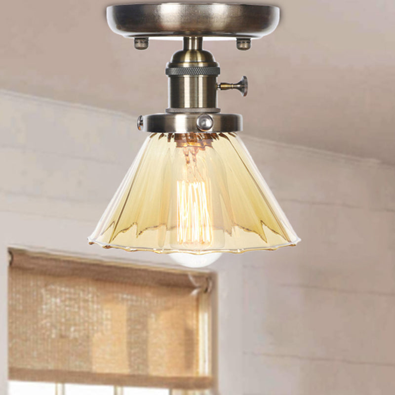 1 Light Ceiling Lighting Industrial Cone/Bell/Rhombus Clear/Amber Glass Semi Flush Mount Light in Bronze Amber Bell Clearhalo 'Ceiling Lights' 'Close To Ceiling Lights' 'Close to ceiling' 'Glass shade' 'Glass' 'Semi-flushmount' Lighting' 209009
