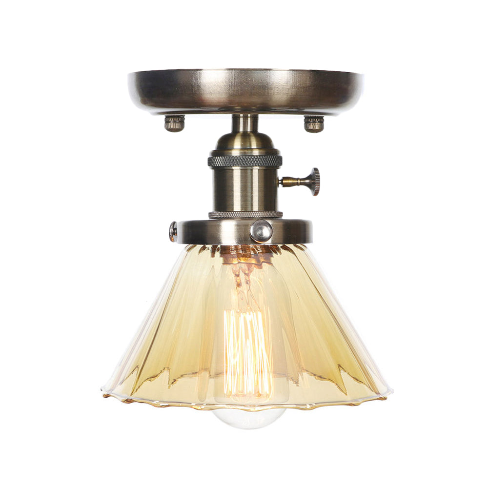 1 Light Ceiling Lighting Industrial Cone/Bell/Rhombus Clear/Amber Glass Semi Flush Mount Light in Bronze Clearhalo 'Ceiling Lights' 'Close To Ceiling Lights' 'Close to ceiling' 'Glass shade' 'Glass' 'Semi-flushmount' Lighting' 209010