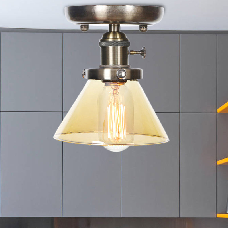 1 Light Ceiling Lighting Industrial Cone/Bell/Rhombus Clear/Amber Glass Semi Flush Mount Light in Bronze Amber Cone Clearhalo 'Ceiling Lights' 'Close To Ceiling Lights' 'Close to ceiling' 'Glass shade' 'Glass' 'Semi-flushmount' Lighting' 209012