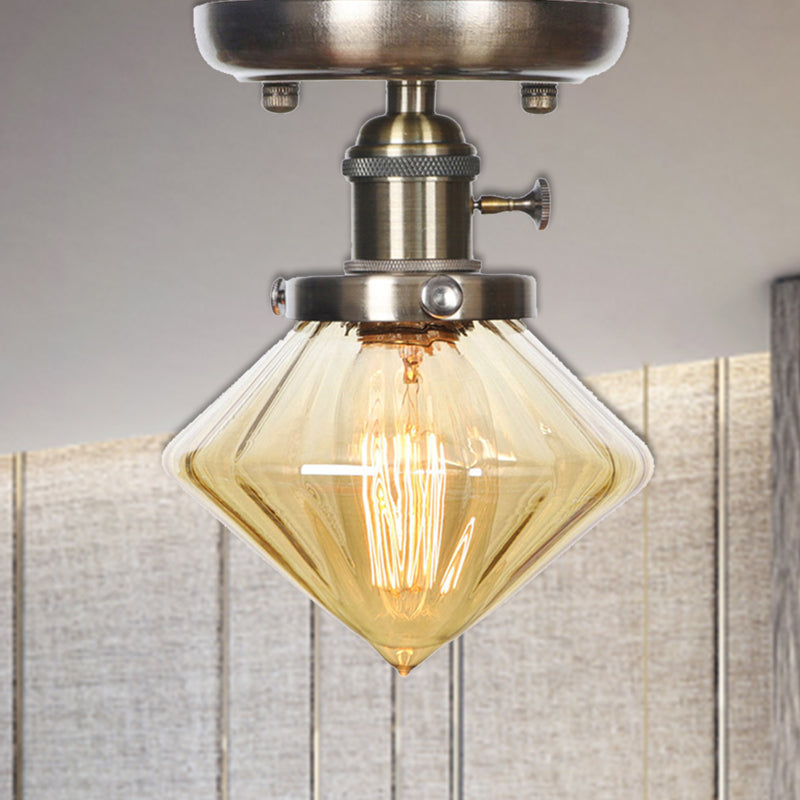 1 Light Ceiling Lighting Industrial Cone/Bell/Rhombus Clear/Amber Glass Semi Flush Mount Light in Bronze Amber Rhombus Clearhalo 'Ceiling Lights' 'Close To Ceiling Lights' 'Close to ceiling' 'Glass shade' 'Glass' 'Semi-flushmount' Lighting' 209017
