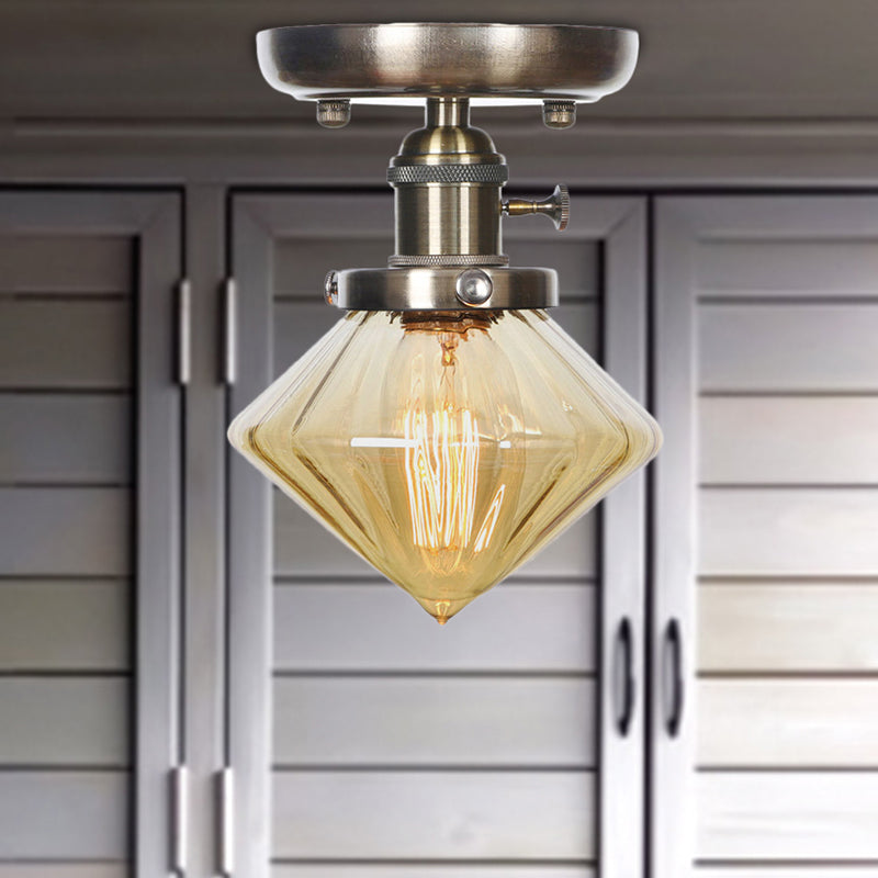 1 Light Ceiling Lighting Industrial Cone/Bell/Rhombus Clear/Amber Glass Semi Flush Mount Light in Bronze Clearhalo 'Ceiling Lights' 'Close To Ceiling Lights' 'Close to ceiling' 'Glass shade' 'Glass' 'Semi-flushmount' Lighting' 209018