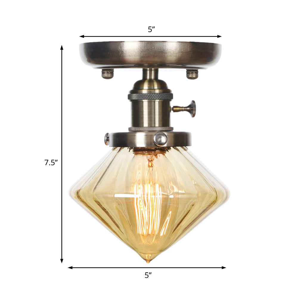 1 Light Ceiling Lighting Industrial Cone/Bell/Rhombus Clear/Amber Glass Semi Flush Mount Light in Bronze Clearhalo 'Ceiling Lights' 'Close To Ceiling Lights' 'Close to ceiling' 'Glass shade' 'Glass' 'Semi-flushmount' Lighting' 209020