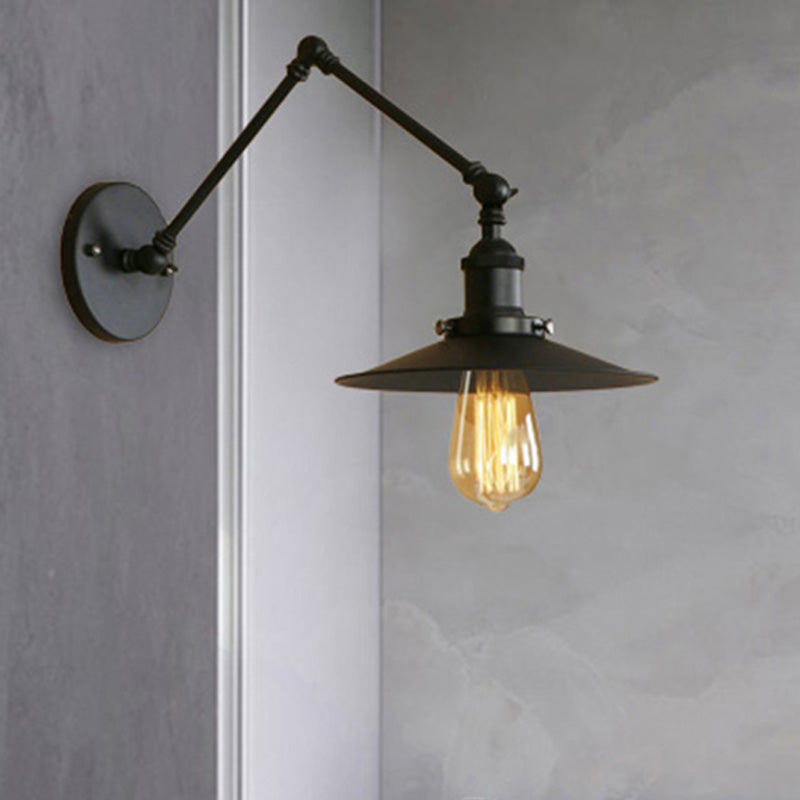 Metal Black/Rust Wall Mount Light Flat Shade 1 Bulb Industrial Style Wall Lamp with Swing Arm Black Clearhalo 'Art deco wall lights' 'Cast Iron' 'Glass' 'Industrial wall lights' 'Industrial' 'Middle century wall lights' 'Modern' 'Rustic wall lights' 'Tiffany' 'Traditional wall lights' 'Wall Lamps & Sconces' 'Wall Lights' Lighting' 209028