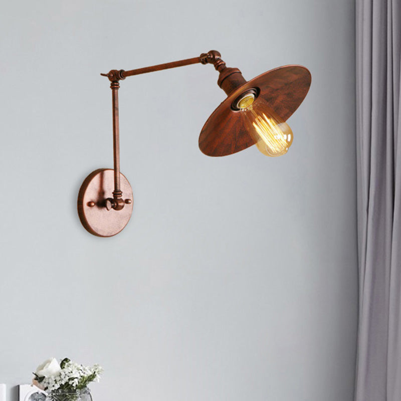 Metal Black/Rust Wall Mount Light Flat Shade 1 Bulb Industrial Style Wall Lamp with Swing Arm Rust Clearhalo 'Art deco wall lights' 'Cast Iron' 'Glass' 'Industrial wall lights' 'Industrial' 'Middle century wall lights' 'Modern' 'Rustic wall lights' 'Tiffany' 'Traditional wall lights' 'Wall Lamps & Sconces' 'Wall Lights' Lighting' 209035