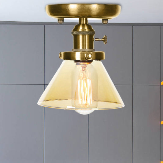 1 Light Clear/Amber Glass Ceiling Lighting Industrial Brass Cone/Rhombus/Bell Dining Room Semi Flush Mount Amber Cone Clearhalo 'Ceiling Lights' 'Close To Ceiling Lights' 'Close to ceiling' 'Glass shade' 'Glass' 'Semi-flushmount' Lighting' 209063