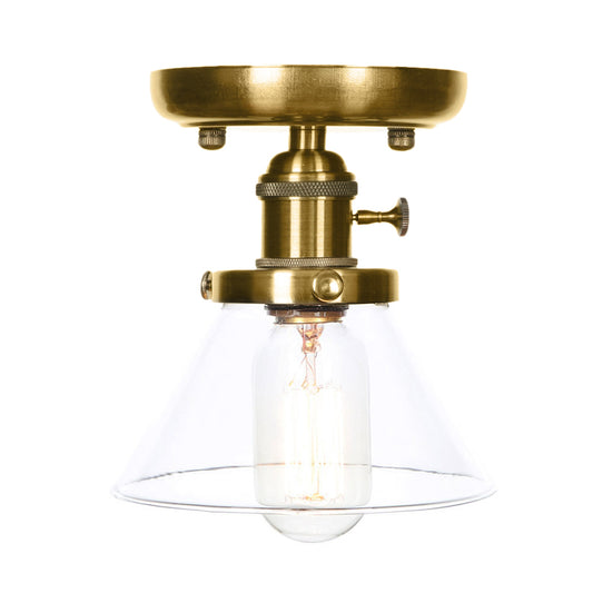 1 Light Clear/Amber Glass Ceiling Lighting Industrial Brass Cone/Rhombus/Bell Dining Room Semi Flush Mount Clearhalo 'Ceiling Lights' 'Close To Ceiling Lights' 'Close to ceiling' 'Glass shade' 'Glass' 'Semi-flushmount' Lighting' 209067