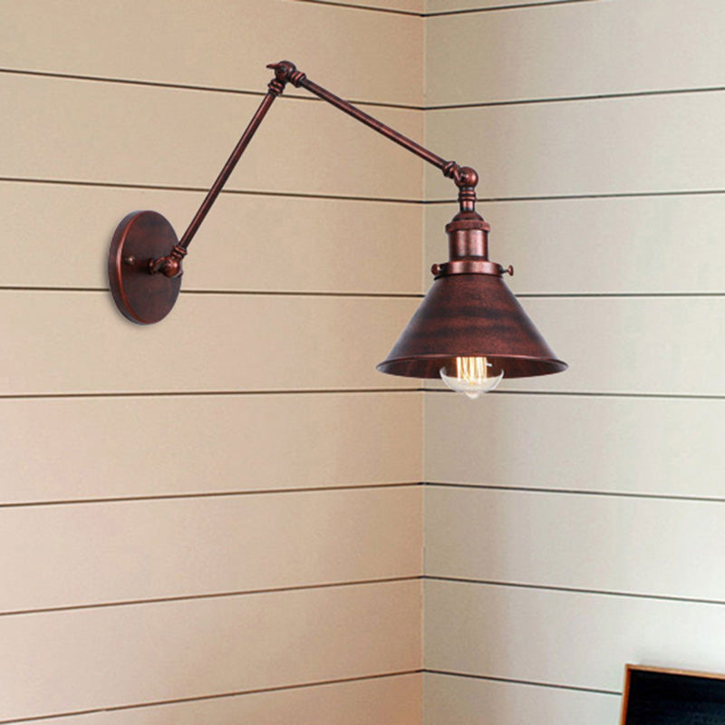 Conic Study Room Wall Sconce Industrial Metallic 1 Bulb Black/Brass Wall Lamp with Swing Arm Clearhalo 'Art deco wall lights' 'Cast Iron' 'Glass' 'Industrial wall lights' 'Industrial' 'Middle century wall lights' 'Modern' 'Rustic wall lights' 'Tiffany' 'Traditional wall lights' 'Wall Lamps & Sconces' 'Wall Lights' Lighting' 209087