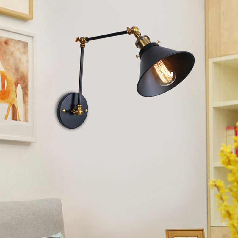 Conic Study Room Wall Sconce Industrial Metallic 1 Bulb Black/Brass Wall Lamp with Swing Arm Black Clearhalo 'Art deco wall lights' 'Cast Iron' 'Glass' 'Industrial wall lights' 'Industrial' 'Middle century wall lights' 'Modern' 'Rustic wall lights' 'Tiffany' 'Traditional wall lights' 'Wall Lamps & Sconces' 'Wall Lights' Lighting' 209089