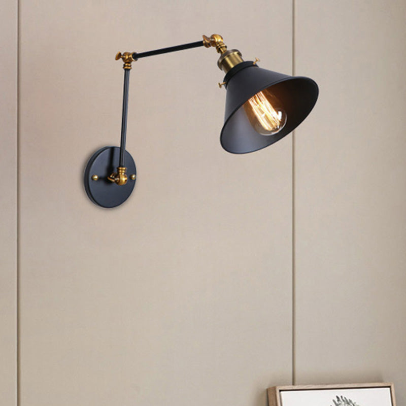 Conic Study Room Wall Sconce Industrial Metallic 1 Bulb Black/Brass Wall Lamp with Swing Arm Clearhalo 'Art deco wall lights' 'Cast Iron' 'Glass' 'Industrial wall lights' 'Industrial' 'Middle century wall lights' 'Modern' 'Rustic wall lights' 'Tiffany' 'Traditional wall lights' 'Wall Lamps & Sconces' 'Wall Lights' Lighting' 209090
