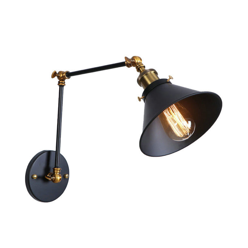 Conic Study Room Wall Sconce Industrial Metallic 1 Bulb Black/Brass Wall Lamp with Swing Arm Clearhalo 'Art deco wall lights' 'Cast Iron' 'Glass' 'Industrial wall lights' 'Industrial' 'Middle century wall lights' 'Modern' 'Rustic wall lights' 'Tiffany' 'Traditional wall lights' 'Wall Lamps & Sconces' 'Wall Lights' Lighting' 209091