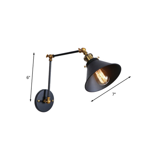 Conic Study Room Wall Sconce Industrial Metallic 1 Bulb Black/Brass Wall Lamp with Swing Arm Clearhalo 'Art deco wall lights' 'Cast Iron' 'Glass' 'Industrial wall lights' 'Industrial' 'Middle century wall lights' 'Modern' 'Rustic wall lights' 'Tiffany' 'Traditional wall lights' 'Wall Lamps & Sconces' 'Wall Lights' Lighting' 209092
