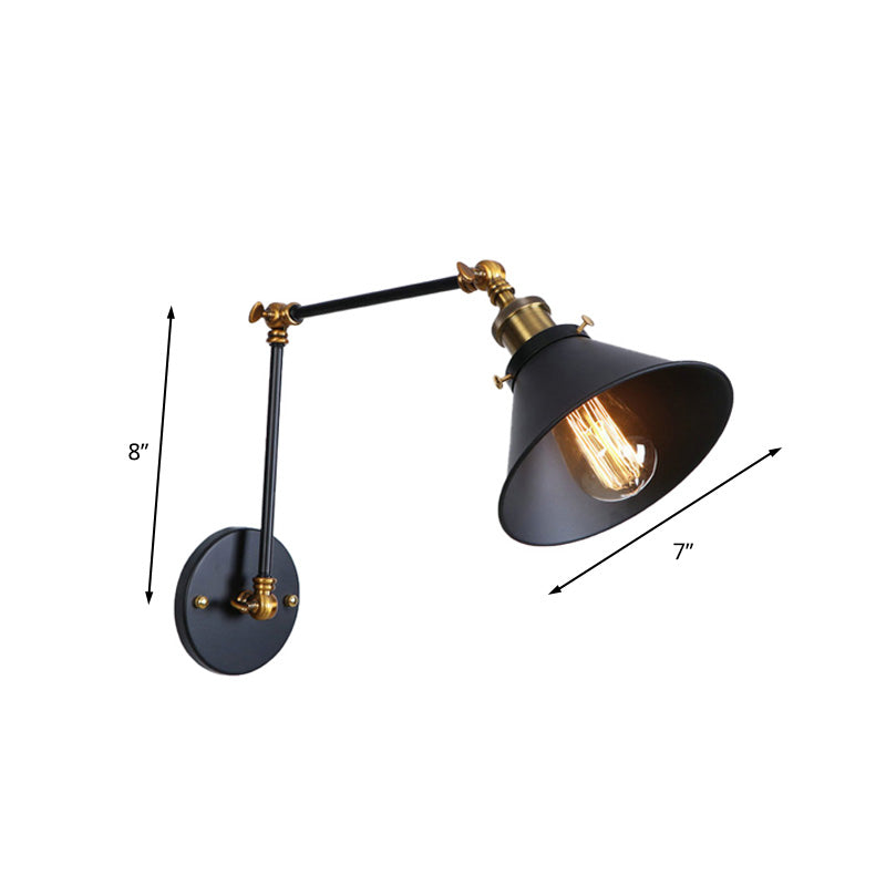 Conic Study Room Wall Sconce Industrial Metallic 1 Bulb Black/Brass Wall Lamp with Swing Arm Clearhalo 'Art deco wall lights' 'Cast Iron' 'Glass' 'Industrial wall lights' 'Industrial' 'Middle century wall lights' 'Modern' 'Rustic wall lights' 'Tiffany' 'Traditional wall lights' 'Wall Lamps & Sconces' 'Wall Lights' Lighting' 209093